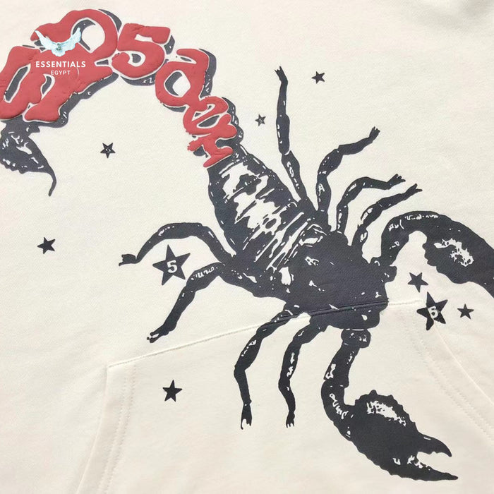 Cream Sp5der hoodie with large scorpion print and red logo text