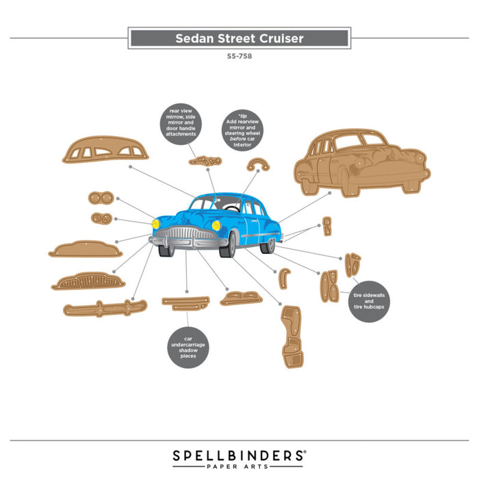 Spellbinders - Die - Sedan Street Cruiser. By Mindy Eggen. Available at Embellish Away located in Bowmanville Ontario Canada. Instruction Sheet to assemble.