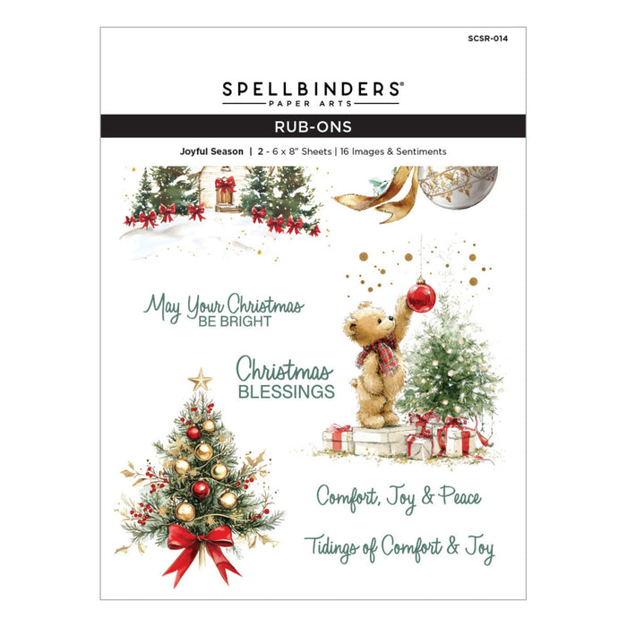 Spellbinders - Rub-ons - Joyful Season. Images include Holiday Tree, Presents, Bird...etc. Available at Embellish Away located in Bowmanville Ontario Canada.