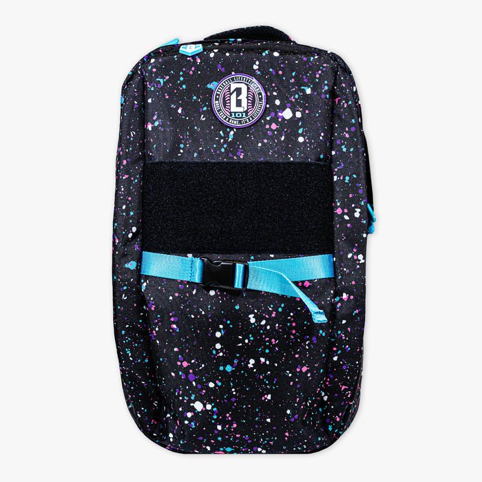 Black backpack with colorful speckles and a blue strap on a white background