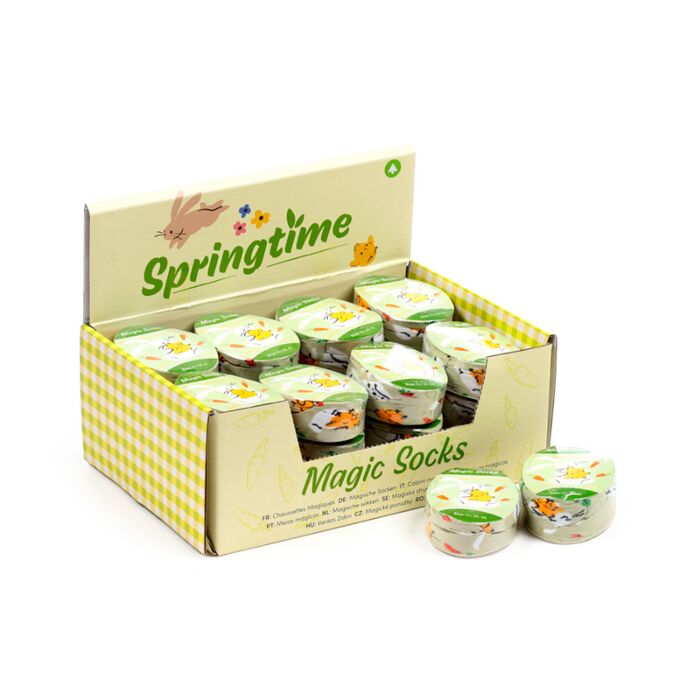 springtime compressed magic socks retail display with assorted novelty gift designs