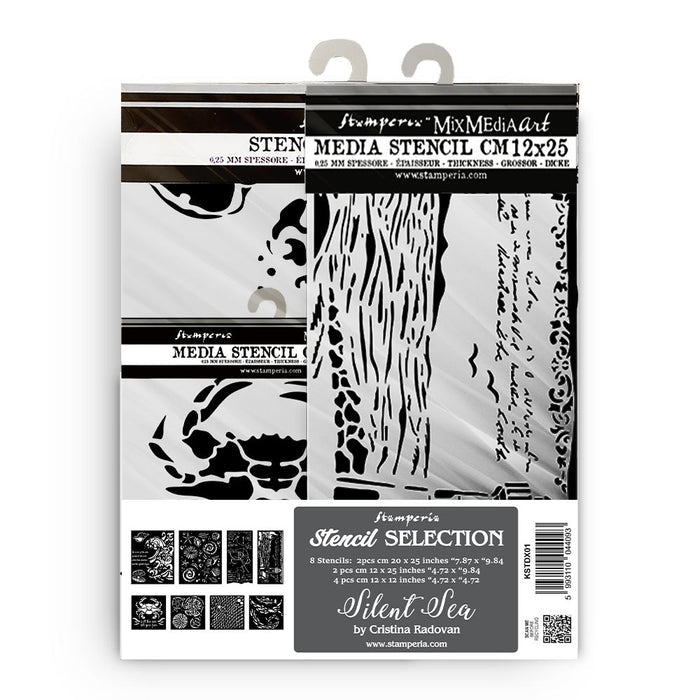 Stamperia - Stencil Selection - Silent Sea (8pc). Available at Embellish Away located in Bowmanville Ontario Canada.