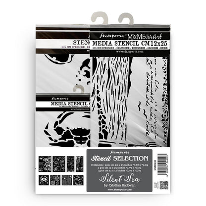Stamperia - Stencil Selection - Silent Sea (8pc). Available at Embellish Away located in Bowmanville Ontario Canada.