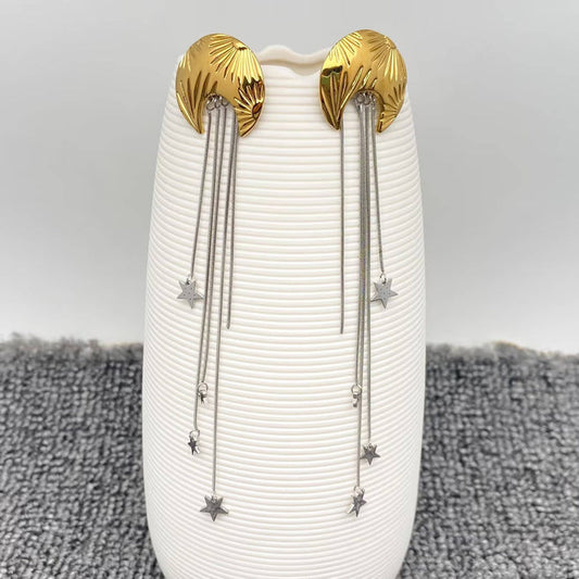 Mio Queena Star Fringe Moon Earrings featuring silver-tone hoops with star and moon charms and fringe detailing.