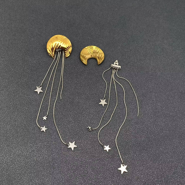 Star fringe moon earrings by Mio Queena featuring celestial moon shapes with dangling star fringe in silver finish