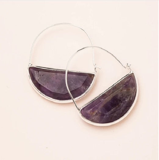 STONE PRISM HOOP EARRINGS, AMETHYST & SILVER