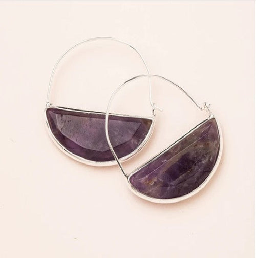 STONE PRISM HOOP EARRINGS, AMETHYST & SILVER