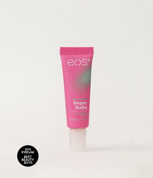 Pink tube of eos Super Balm on a white background with 'InStyle Best Beauty Buys' badge.