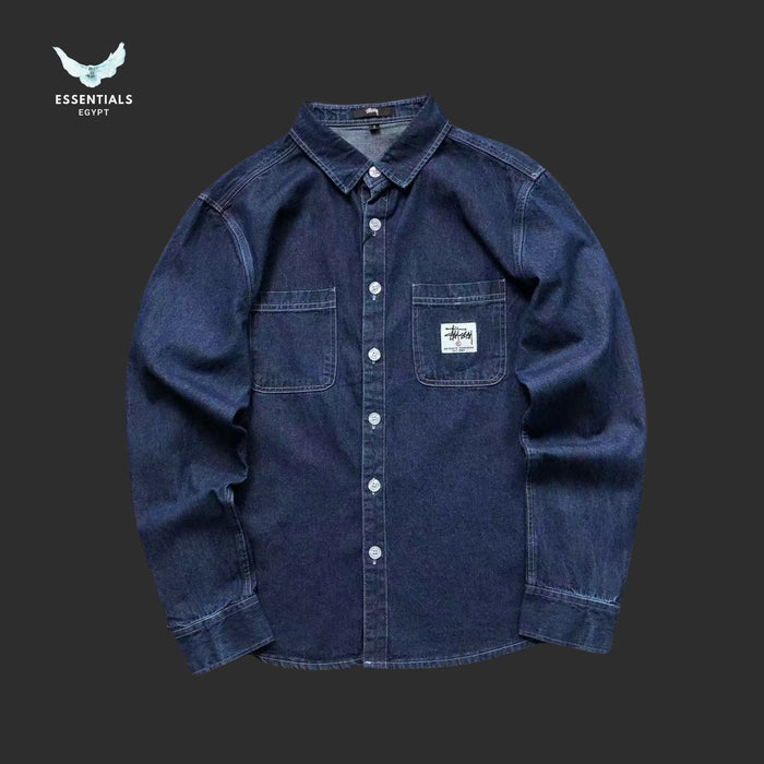 Stussy denim chore shirt with chest pocket patch and button front