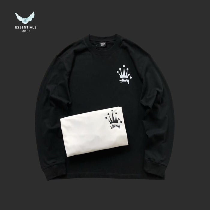 Back view of Stussy long sleeve shirt with crown print