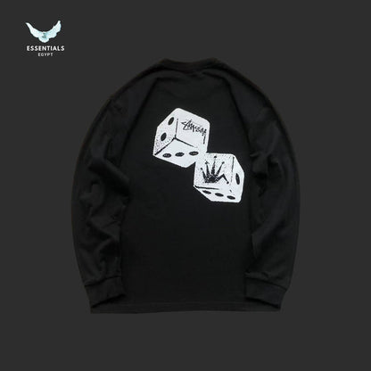 Back view of Stussy sweatshirt with shaker dice artwork