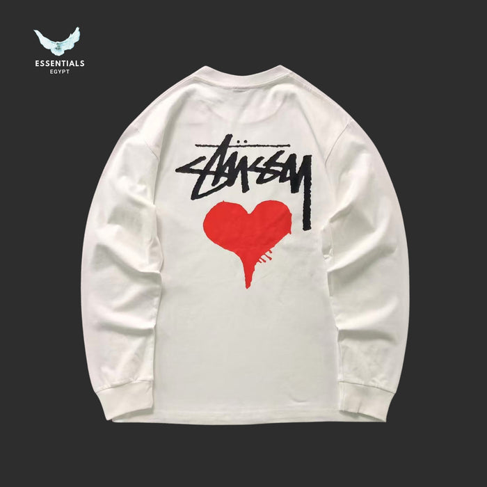 Back view of Stussy long sleeve sweatshirt with red heart design