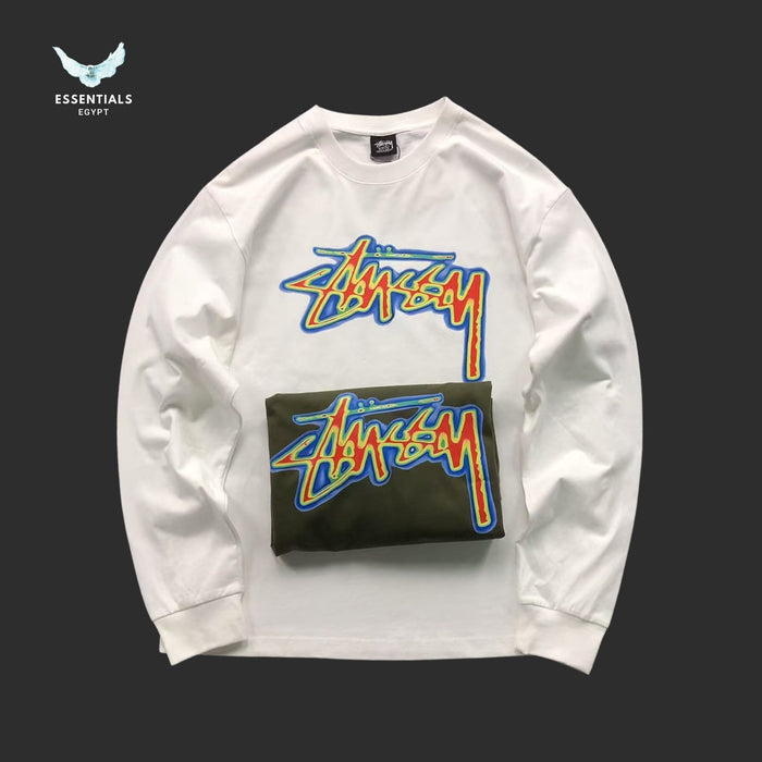 Front and back view of Stussy thermal sweatshirt with stock logo