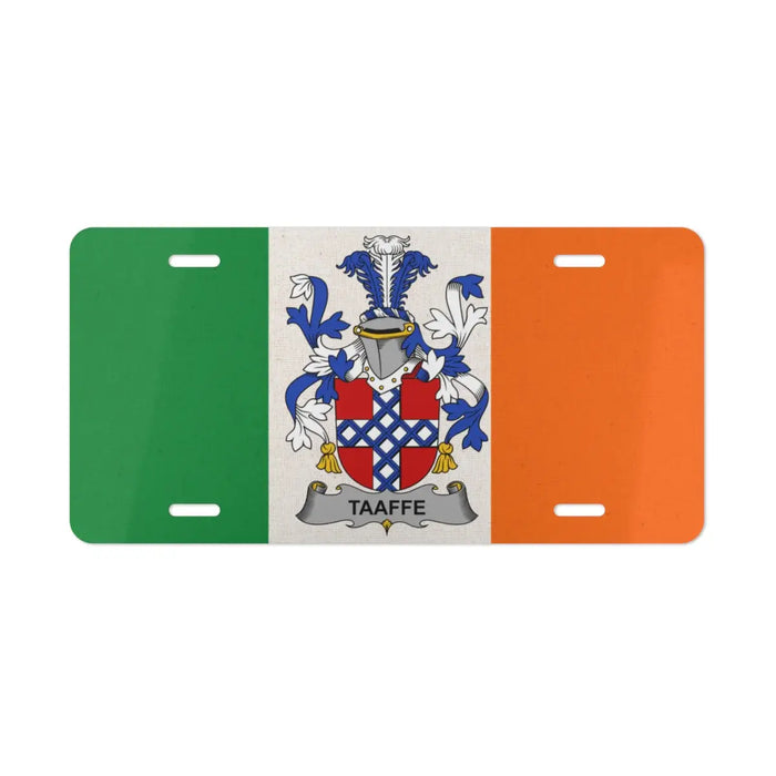 Irish flag license plate featuring the Taaffe family crest