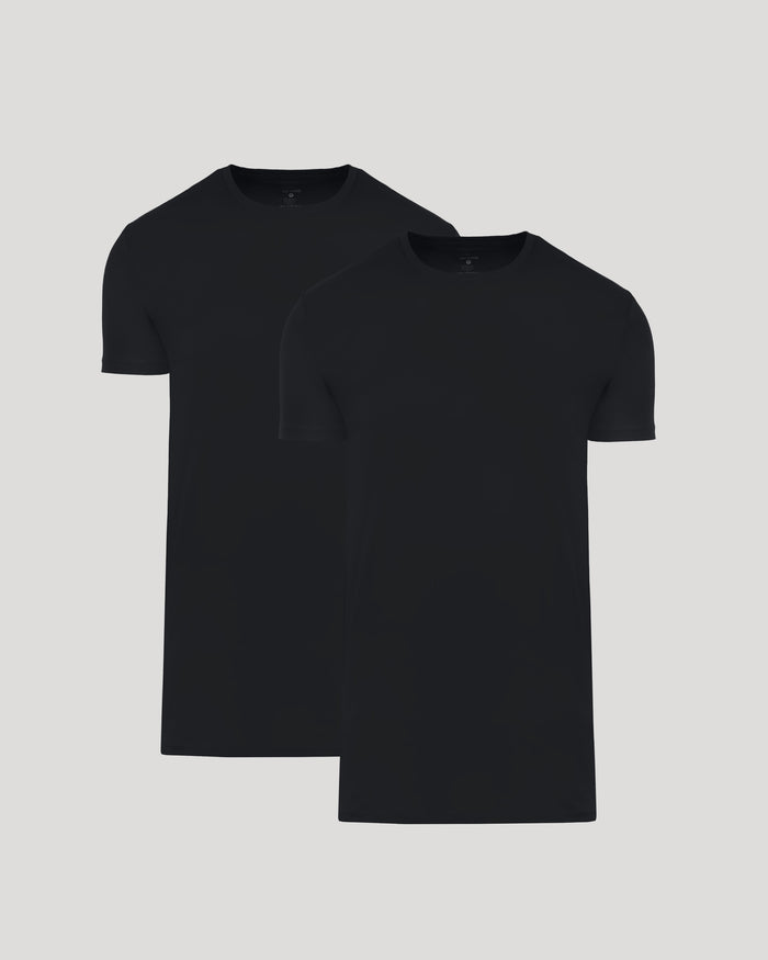 Two black crew neck t-shirts displayed side by side, showcasing the Tall Pima Cotton Blend Crew 2-Pack as essential men's basics for a comfortable and stylish everyday wear.