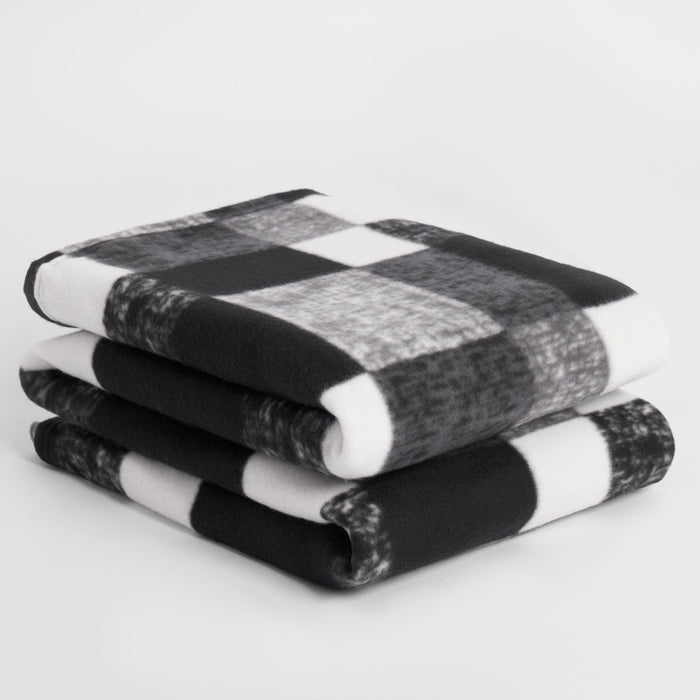 tartan check monochrome fleece throw blanket black white polyester home comfort stylish décor