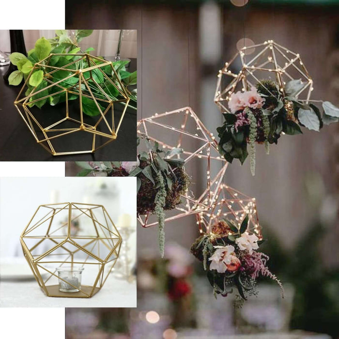 Geometric gold plant holders with flowers and greenery in a decorative arrangement.