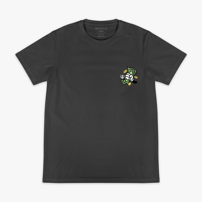 Black t-shirt with a small hand holding money graphic on the chest against a white background