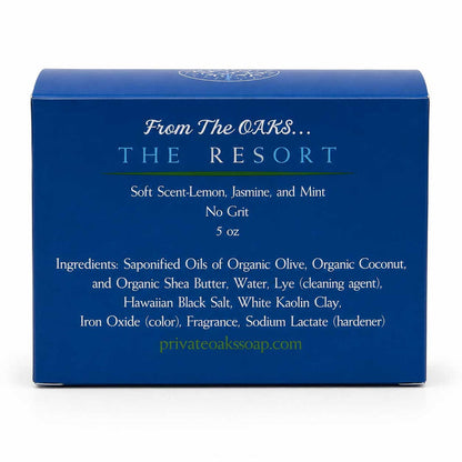 A blue rectangular product box for 'The Resort' scented soap by 'From The OAKS.