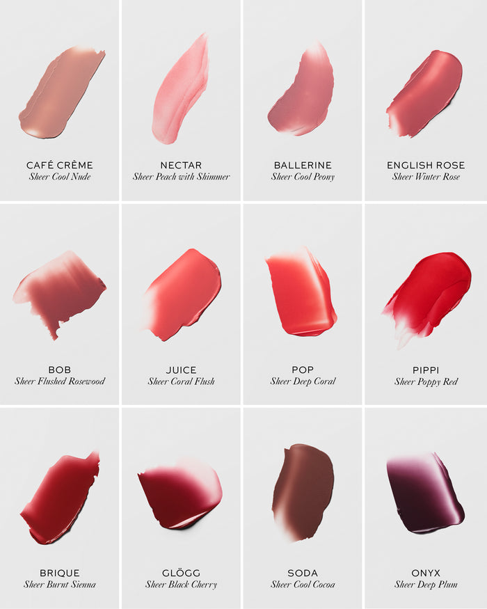 Collection of lipstick swatches in various shades with names below on a light gray background