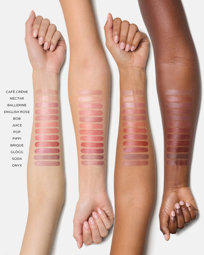 Swatches of lipsticks on three different skin tones with color names.