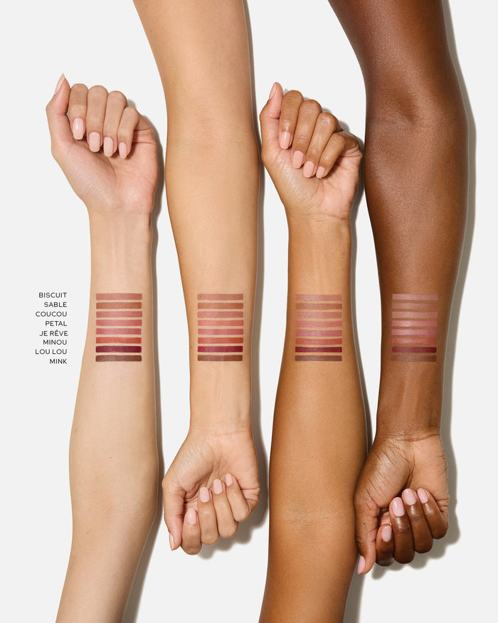 Three arms with different skin tones displaying lip shape swatches on a white background.