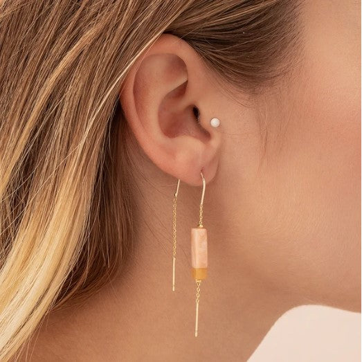 THREAD STONE EARRINGS, ROSE QUARTZ, AMBER & GOLD