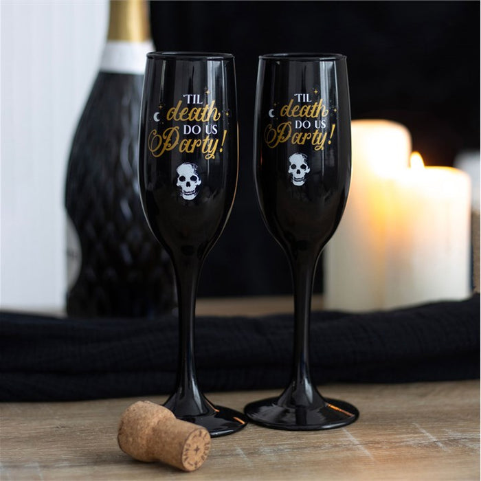 til death do us party champagne flutes unboxed displayed together for couples