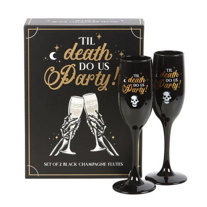 til death do us party champagne flutes displayed beside matching gift box