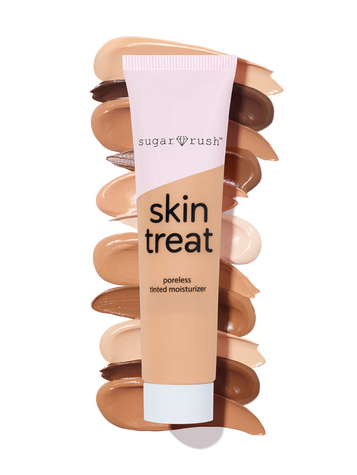 Tube of 'Sugar Rush Skin Treat' moisturizer with color swatches on a white background