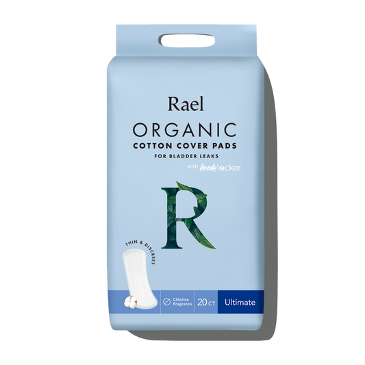 A pack of Rael organic cotton cover incontinence pads with 20 pads included, designed for bladder leaks.