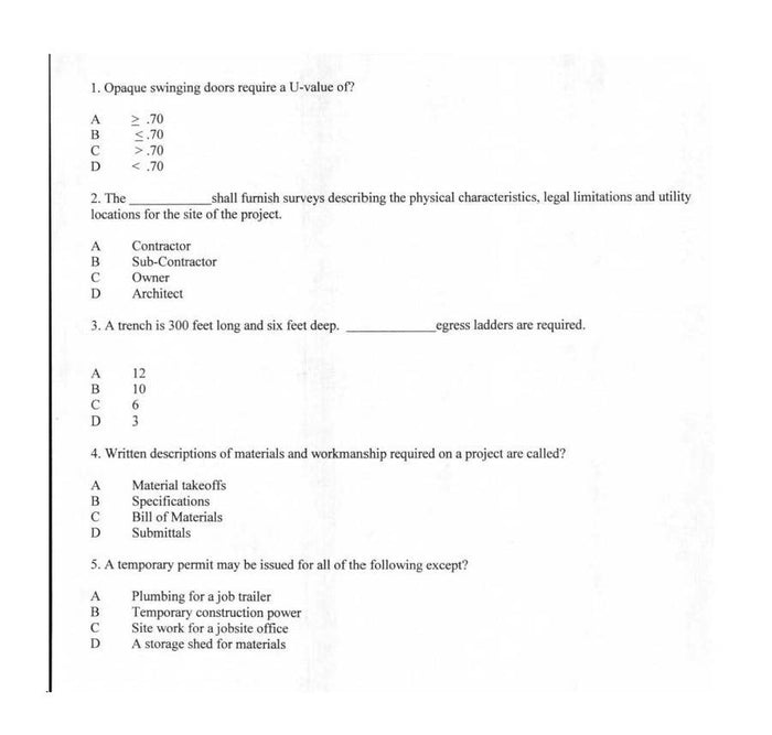 Printed electrical contractor exam practice questions on a white sheet covering construction standards and project requirements