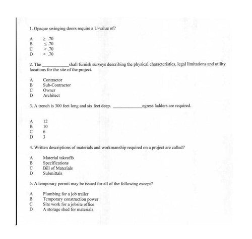Printed electrical contractor exam practice questions on a white sheet covering construction standards and project requirements