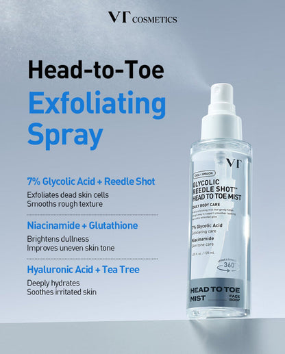 VT Cosmetics Glycolic Reedle Shot Head To Toe Mist 120ml بخاخ جليكوليك ريدل من في تي كوزماتيكس للوجه والجسم - Princess Cosmetics Qatar