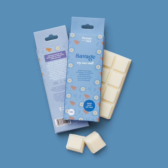 wax bar savage with bergamot, musk, ambergris, woody base, fresh and powerful scent