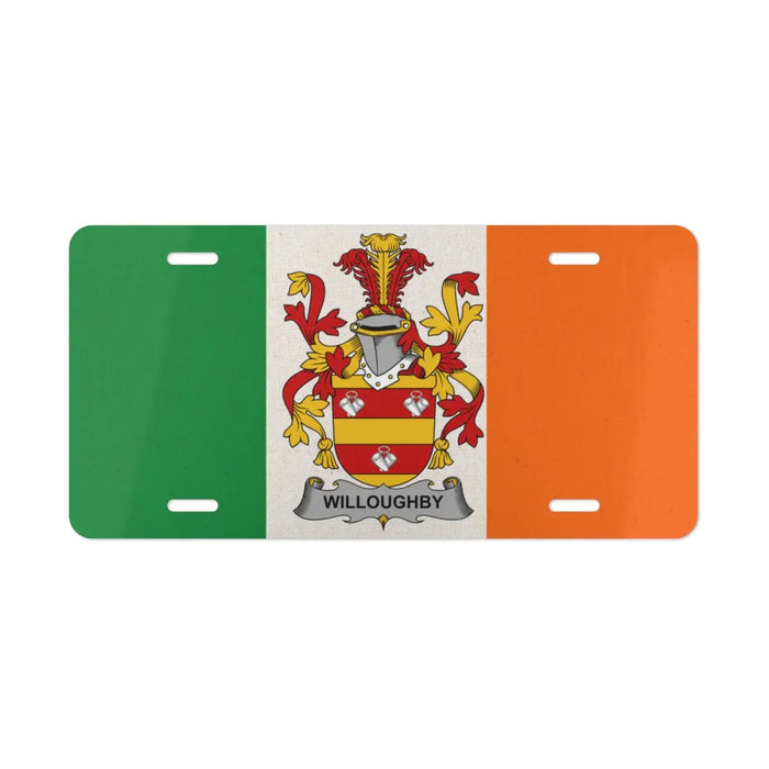 Irish flag license plate featuring the Willoughby family crest