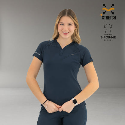 Women’s navy blue slim fit scrub top front view for healthcare uniforms