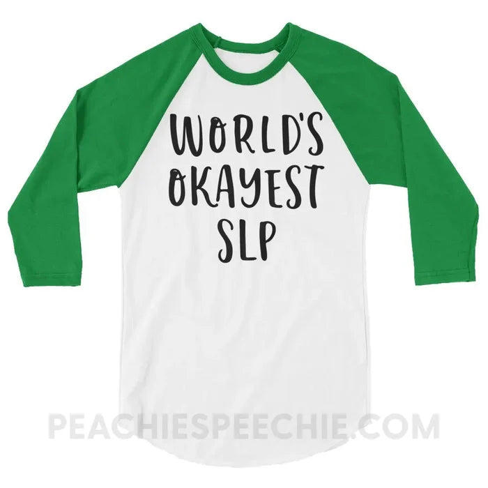 World’s Okayest SLP Baseball Tee - White/Kelly / XS - T-Shirts & Tops peachiespeechie.com